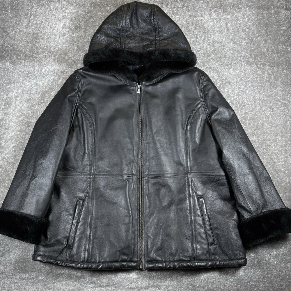 Sonoma Leather Coat Women's 2X Black Faux Fur Lined Hooded Full Zip